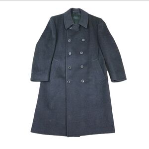 Vtg Wallachs Wool Overcoat Mens 40 P2P Navy Blue Double Breasted Dark Academia